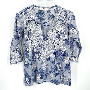 Amaya Blue White Floral Printed Embroidered 3/4 Sleeve VNeck Blouse Top